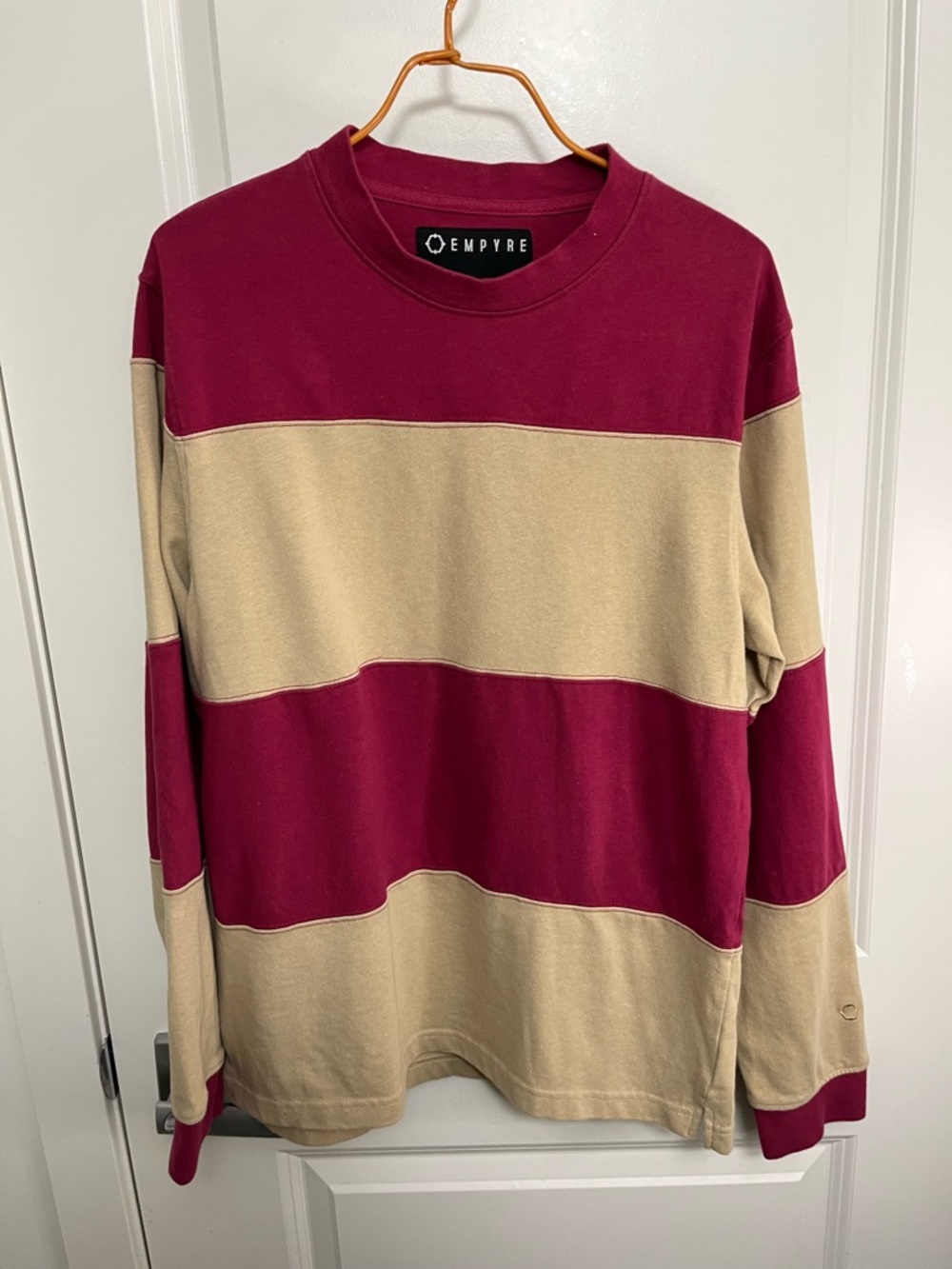 Empyre Men's Burgundy and Tan Striped Long Sleeve Shirt in size M